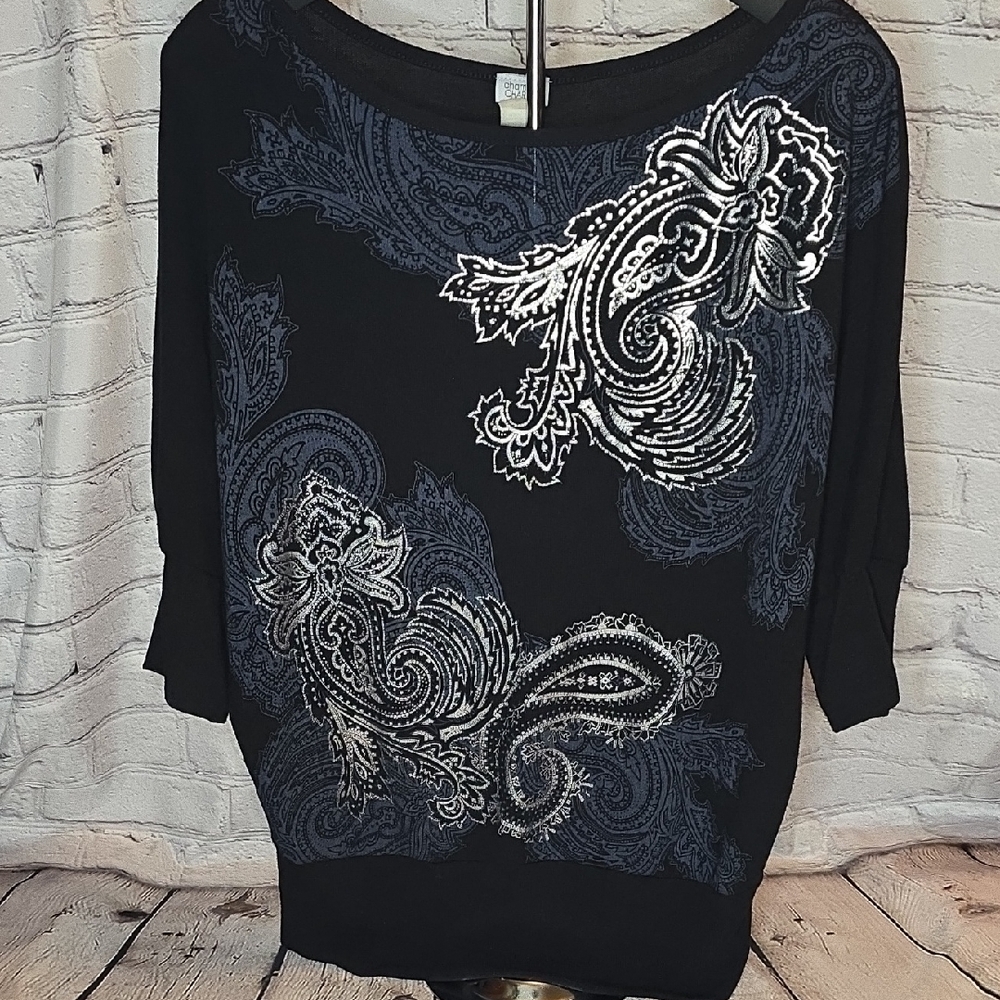 Charming Charlie Blk Dolman Sleeve Sweater w/ Silver & Gray Paisley Pattern Sz L
